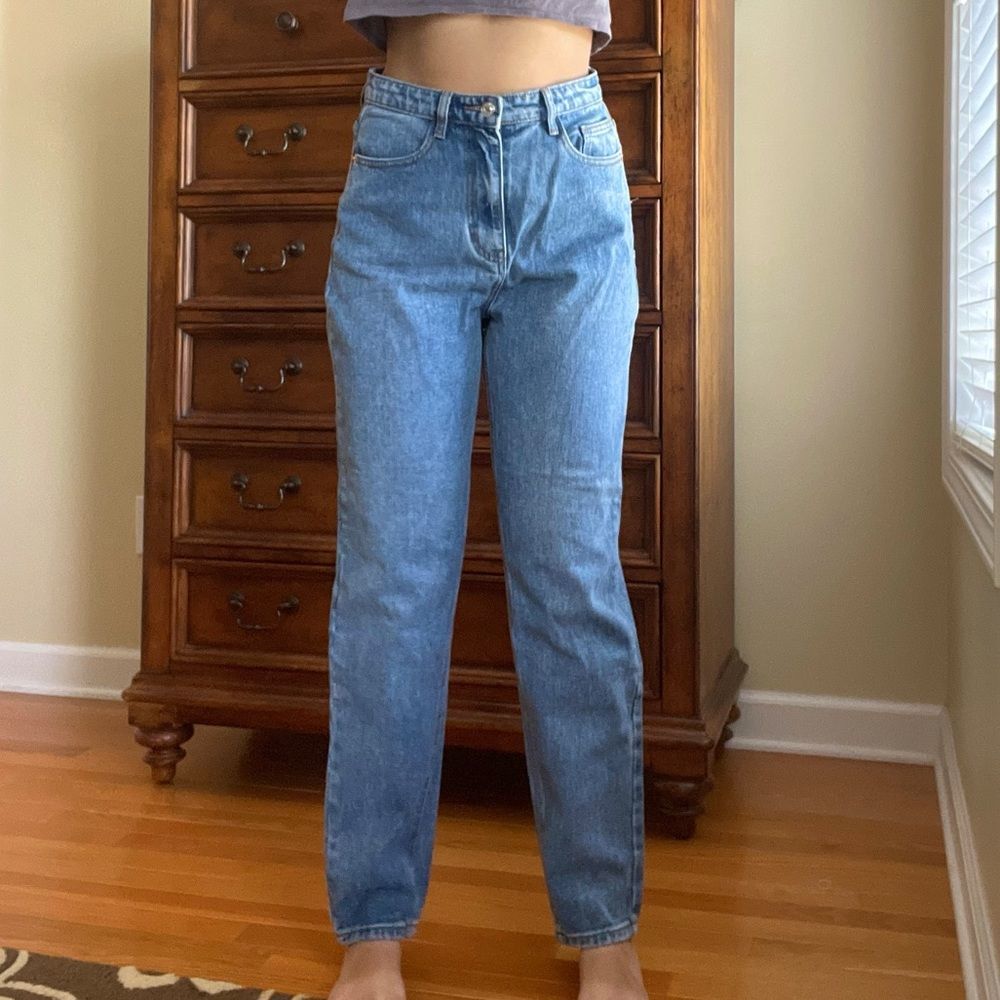 Medium wash high waist straight leg jeans